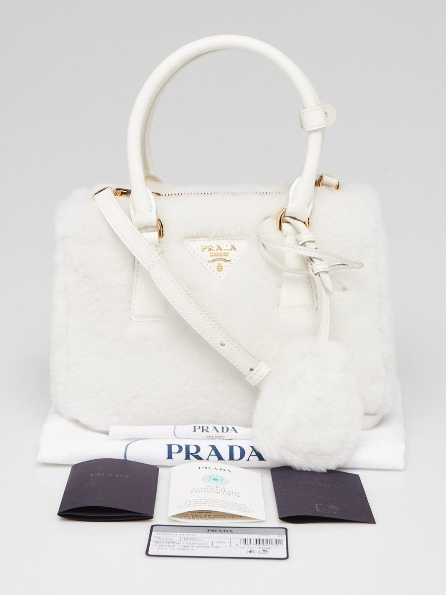 Prada Galleria Shearling Mini Bag, White, One Size