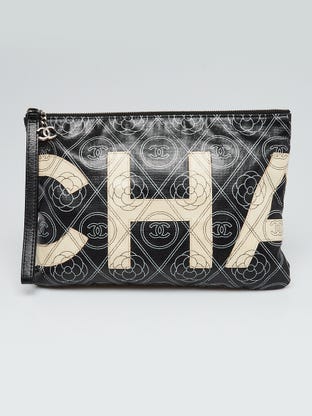 Black/White Coated Canvas CC Camellia Large O-Pouch Bag