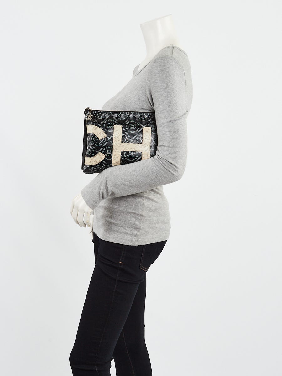 Chanel Black/White Coated Canvas CC Camellia Large O-Pouch Bag
