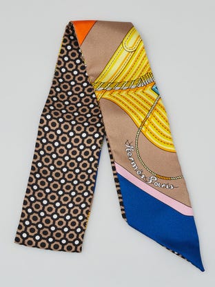 Blue/Brown/Orange Silk Graphic Print Twilly