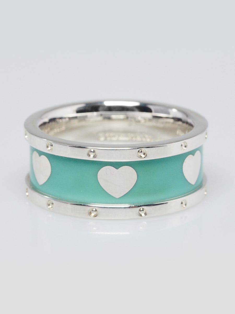 Tiffany & Co. Sterling Silver and Blue Enamel 8mm Heart Band Ring