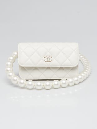 White Quilted Leather Pearl and Bow Mini WOC Clutch Bag