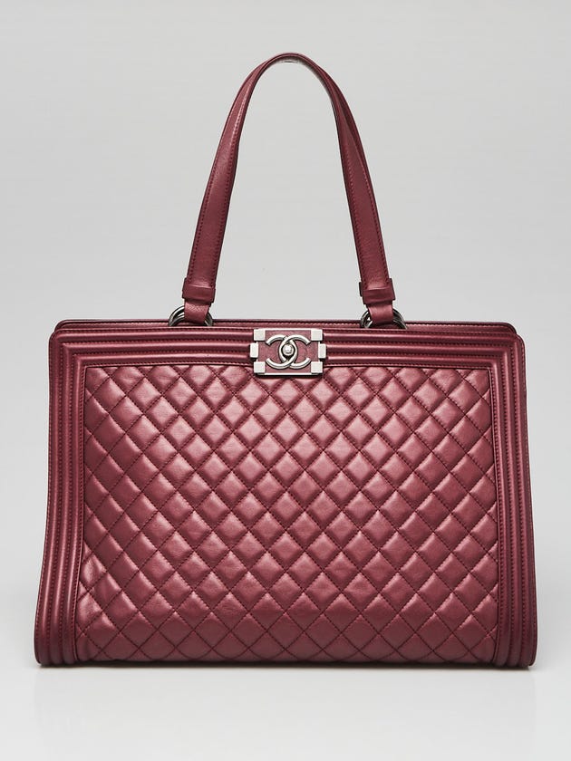 Chanel Metallic Burgundy Quilted Leather Large Boy Tote Bag