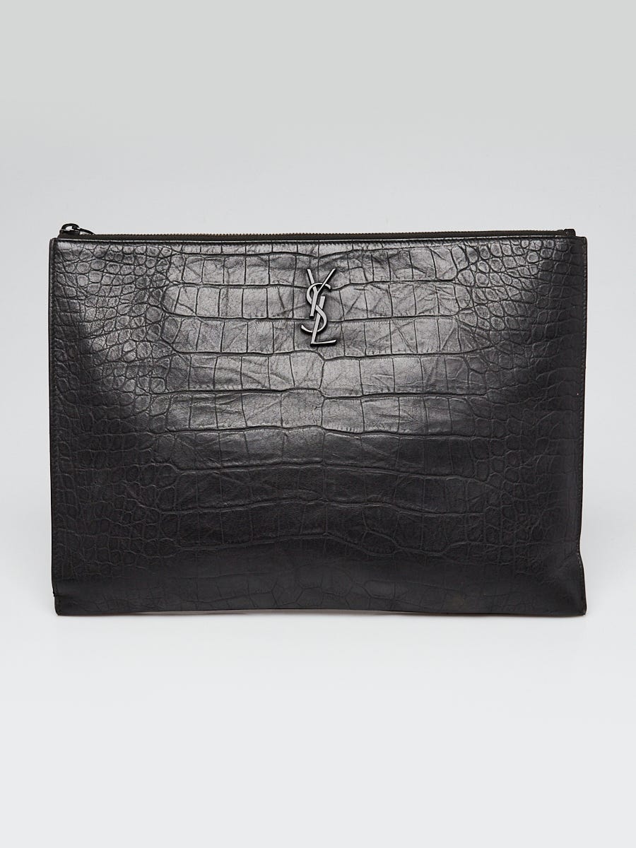Yves Saint Laurent Croc Embossed Leather Flat Pouch Bag