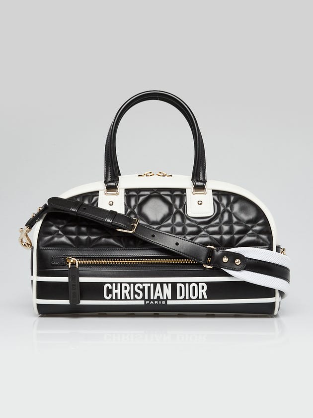 Christian Dior Black/White Cannage Quilted Leather Medium Vibe Bowling Bag