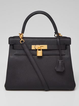 28cm Black Fjord Leather Gold Plated Retourne Kelly Bag