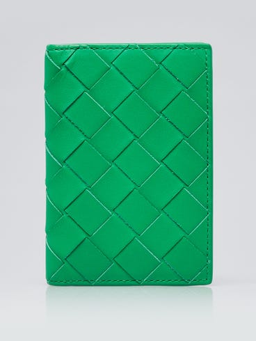 Bottega Veneta Parakeet Green Intrecciato Woven Leather Bi-Fold Card Holder Wallet | Yoogi's Closet Bottega Veneta Parakeet Green Intrecciato Woven Leather Bi-Fold Card Holder Wallet | Yoogi's Closet