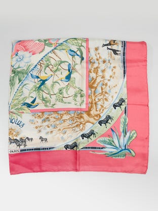 90cm Pink Silk 'Tropiques' Print Laurence Toutsy Bourthoumieux Square Scarf