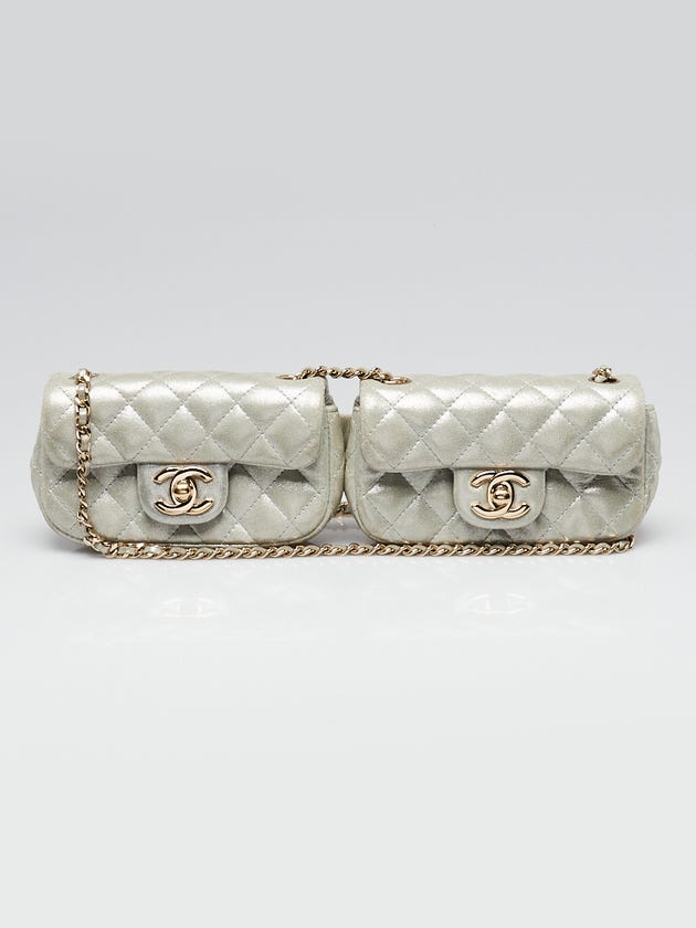 Chanel Silver Quilted Metallic Lambskin Leather Mini Twin Flap Bag