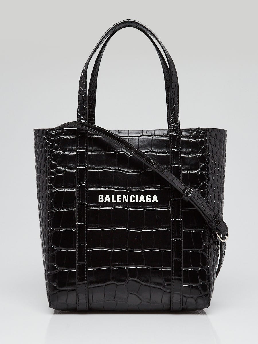Balenciaga Black Crocodile Embossed Leather XXS Shopping Tote Bag 