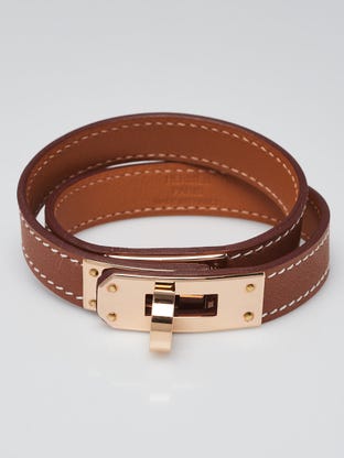 Gold Swift Leather Rose Gold Plated Kelly Double Tour Bracelet Size T3