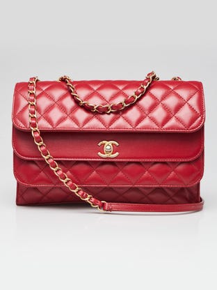 Red Quilted Calfskin Leather Triple Flap Bag