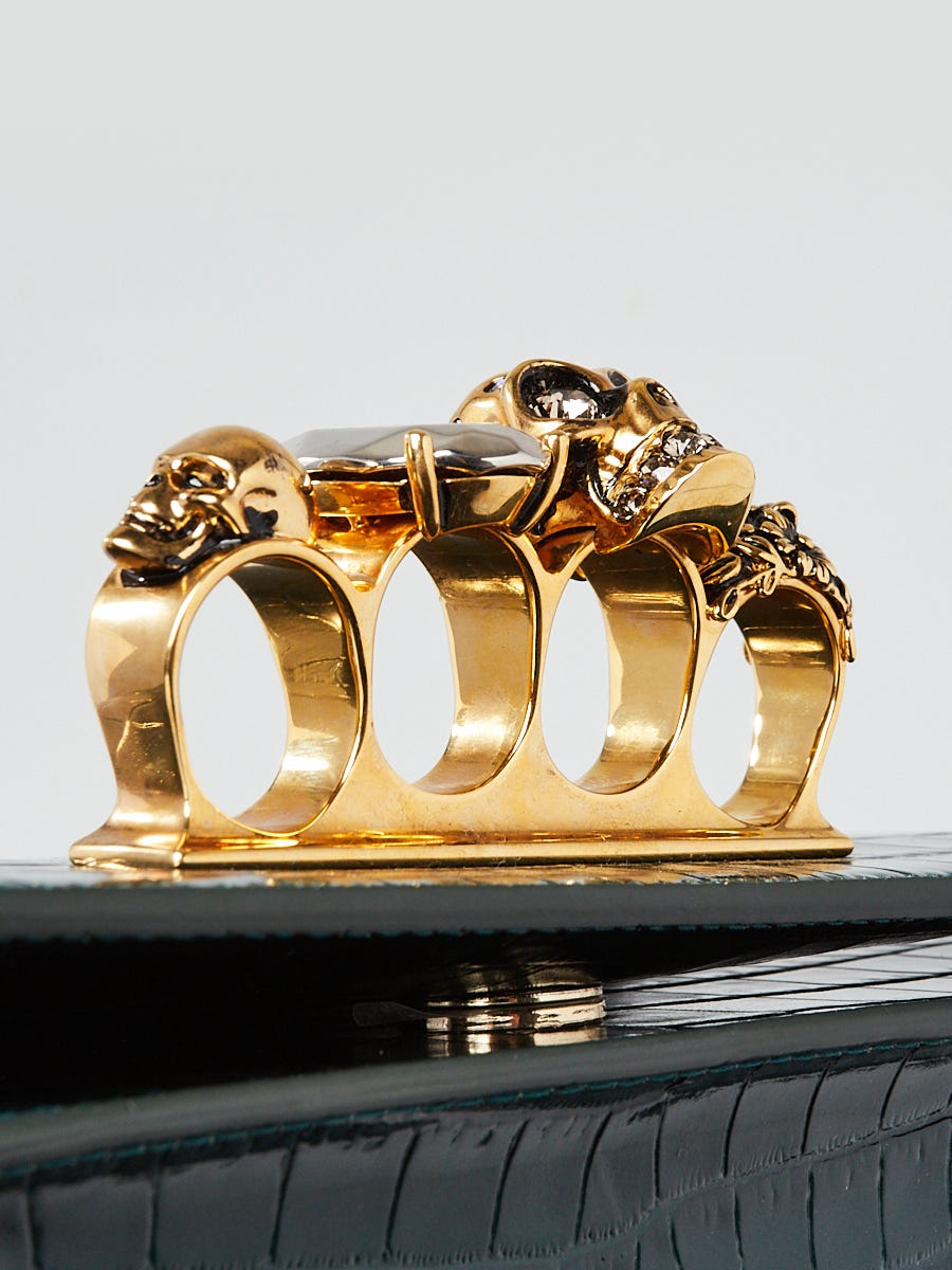 Alexander McQueen Green Croc Embossed Leather Jeweled Four