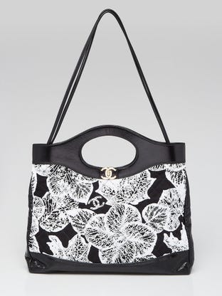 Black/White Printed Canvas/Leather 31 Frame Top Handle Bag