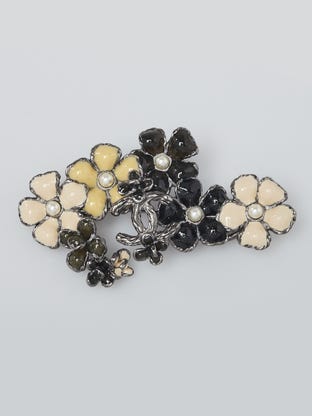 Silver Metal Resin Pearl CC Camellia Brooch