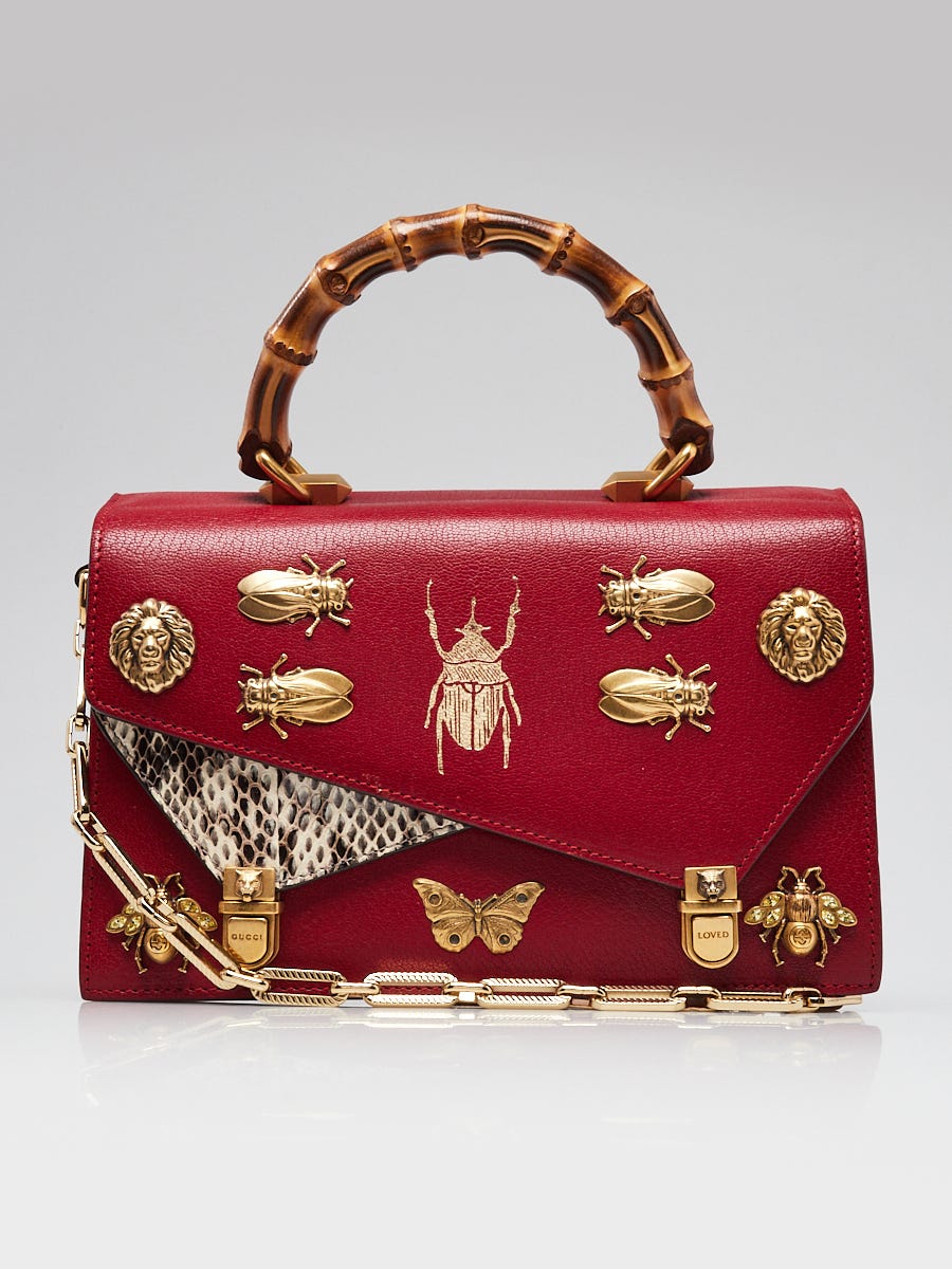 Gucci Red Leather/Snakeskin Ottilia Bamboo Top Handle Bag | Yoogi's Closet