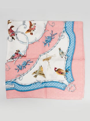 90cm Pink Silk 'La Cle des Champs' Print Francoise Faconnet Square Scarf