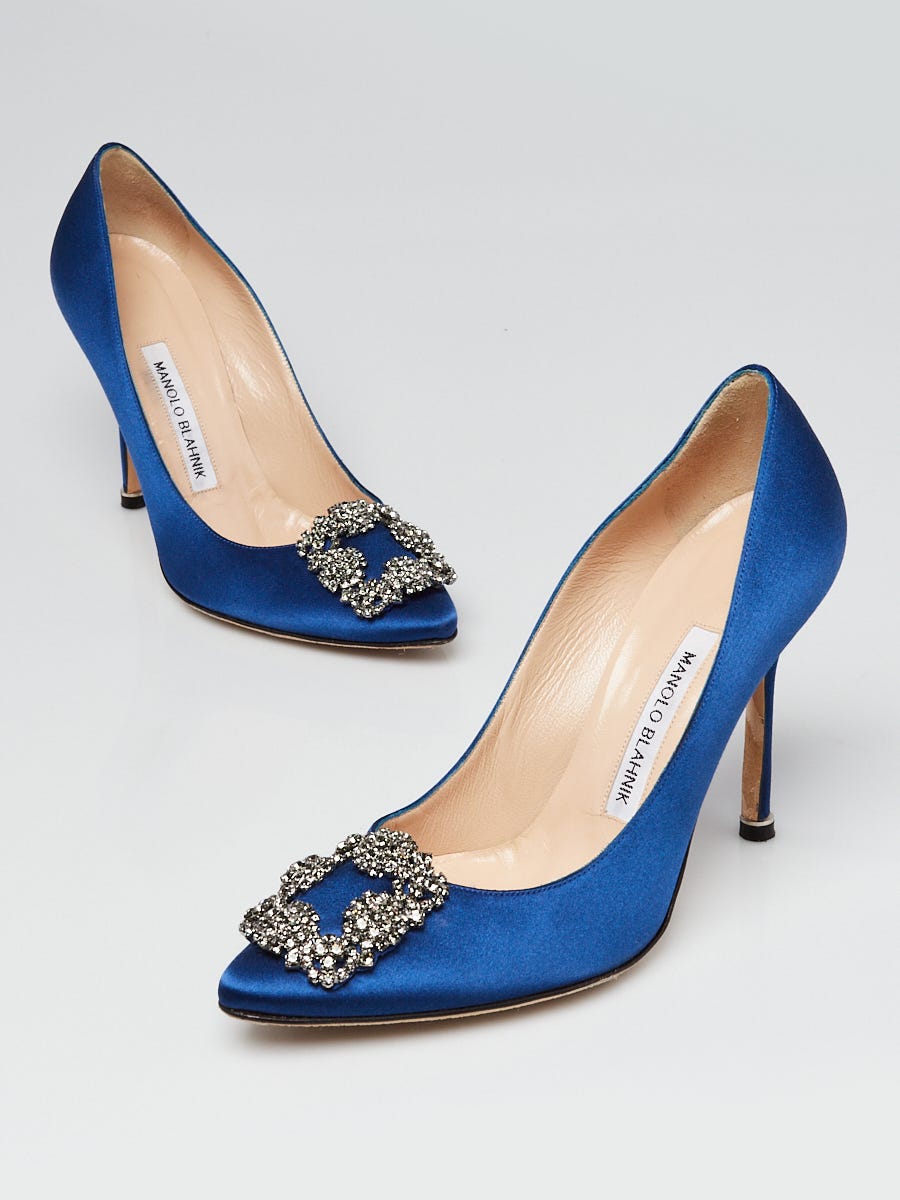 Manolo Blahnik Blue Satin and Crystal Buckle Hangisi 105