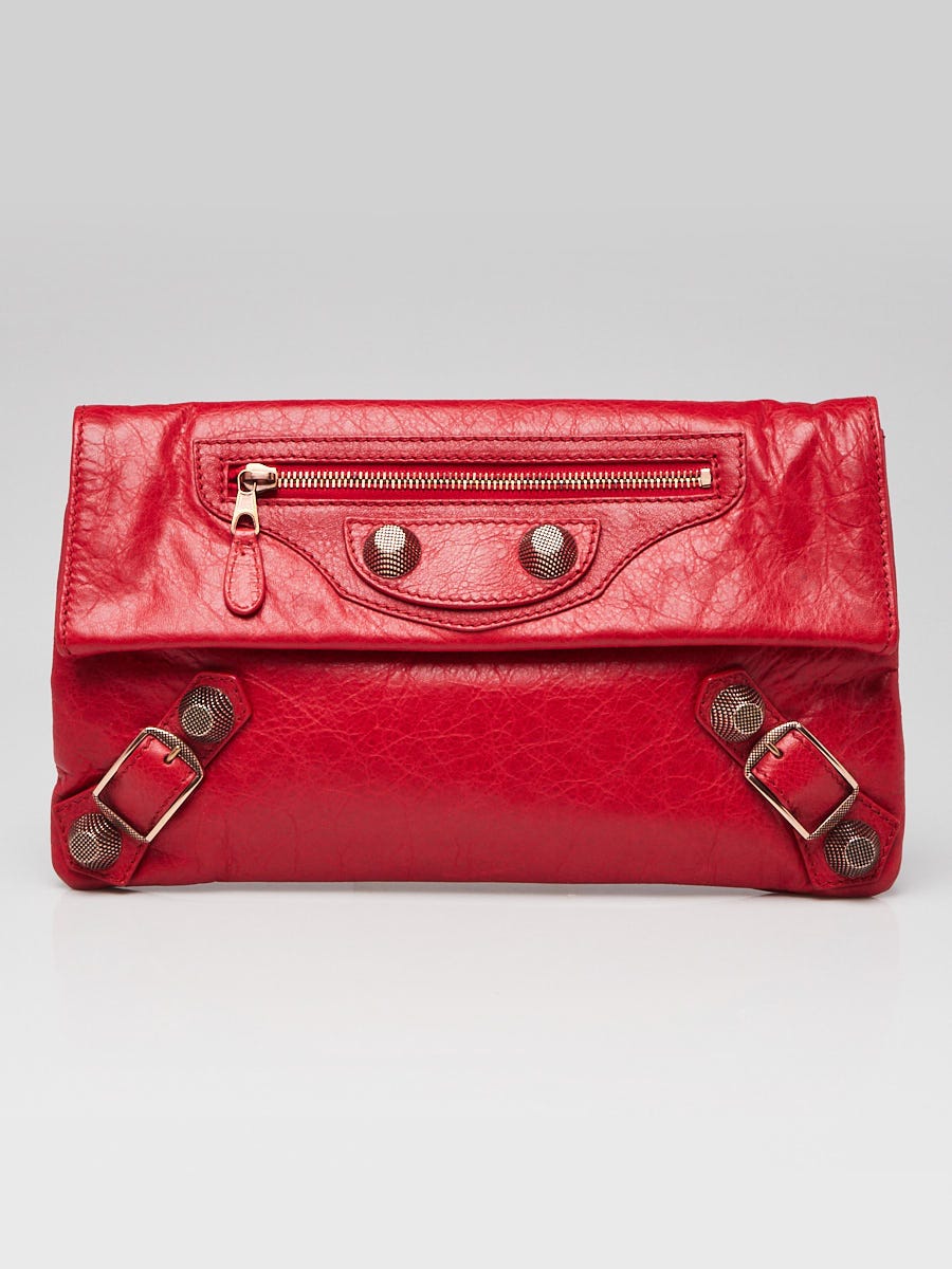 Balenciaga Rouge Coquelicot Lambskin Leather Giant 12 Rose Gold Envelope Clutch Bag - Yoogi's