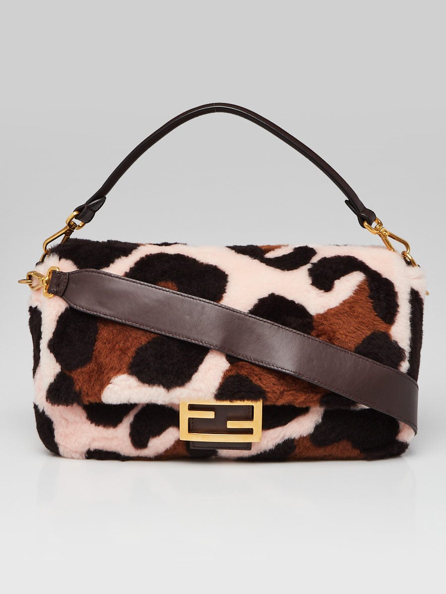 Fendi Brown/Pink Shearling Large Baguette Bag 8BR771 | Yoogi's Closet