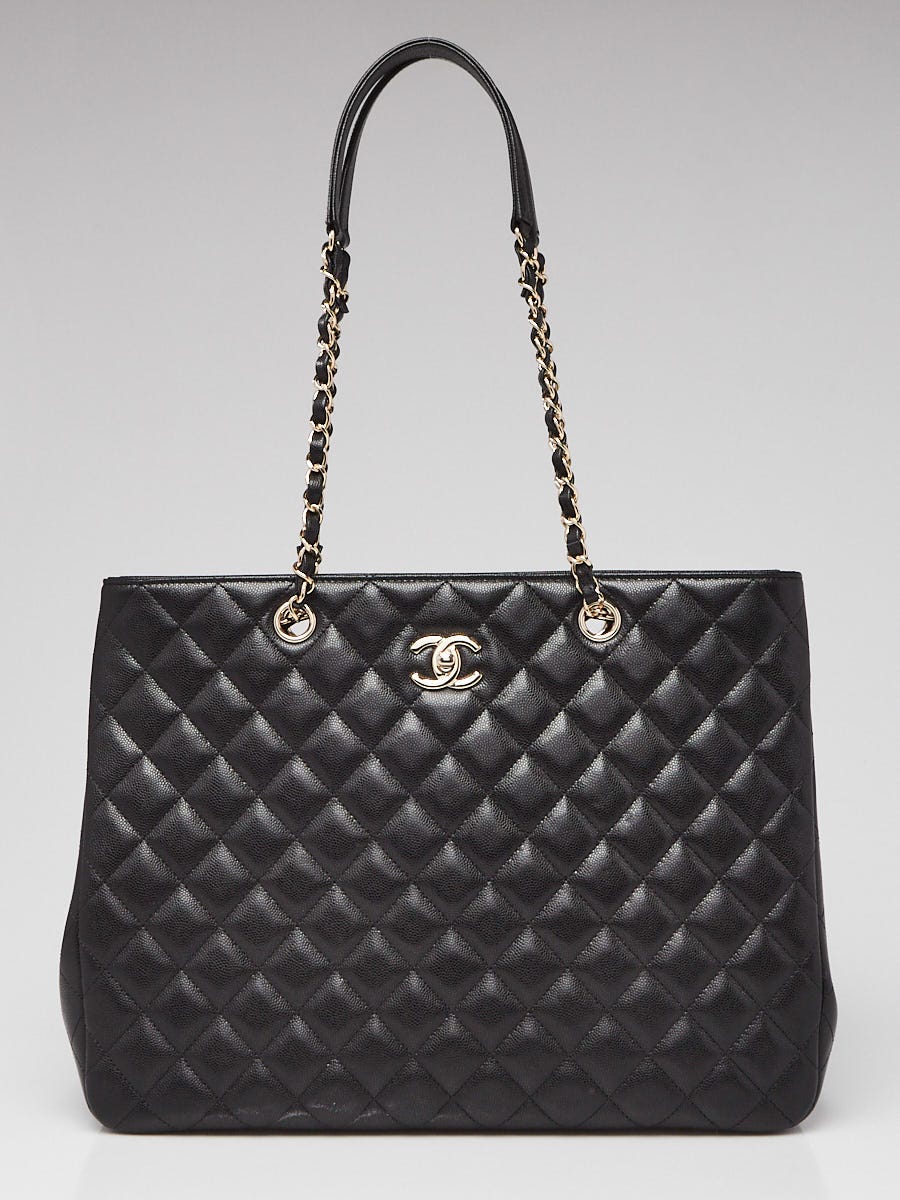 Black Quilted Caviar Leather Large Shopping Tote Bag