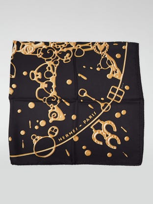 90cm Black/Gold Silk 'Cheval Fusion' Print Dimitri Rybaltchenko Silk Scarf