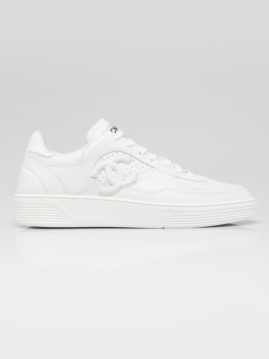 Chanel White & silver Leather And Neoprene CC Low Top Sneakers