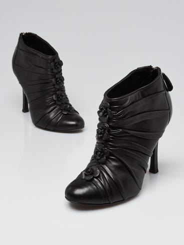 Chanel Black Leather Camellia Flowers Cap Toe Booties Size 6.5/37