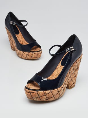 Chanel Blue Fabric Open Toe Raffia Wedge Platform Slide Sandals