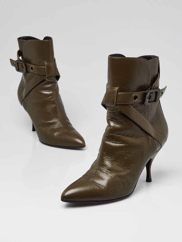 Bottega Veneta Dark Green Leather Pointed Toe Ankle Booties Size 6.5/37