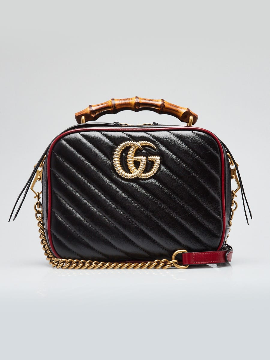Gucci Black Diagonal Quilted GG Leather Marmont Bamboo Top Handle