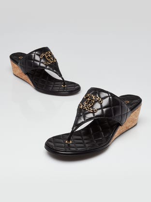 Black Quilted Goatskin Leather Chain CC Wedge Sandals Size 9.5/40