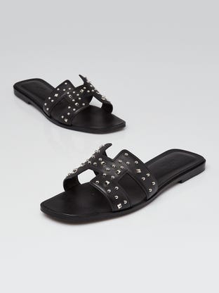 Black Studded Calfskin Leather Oran Sandals Size 8.5/39