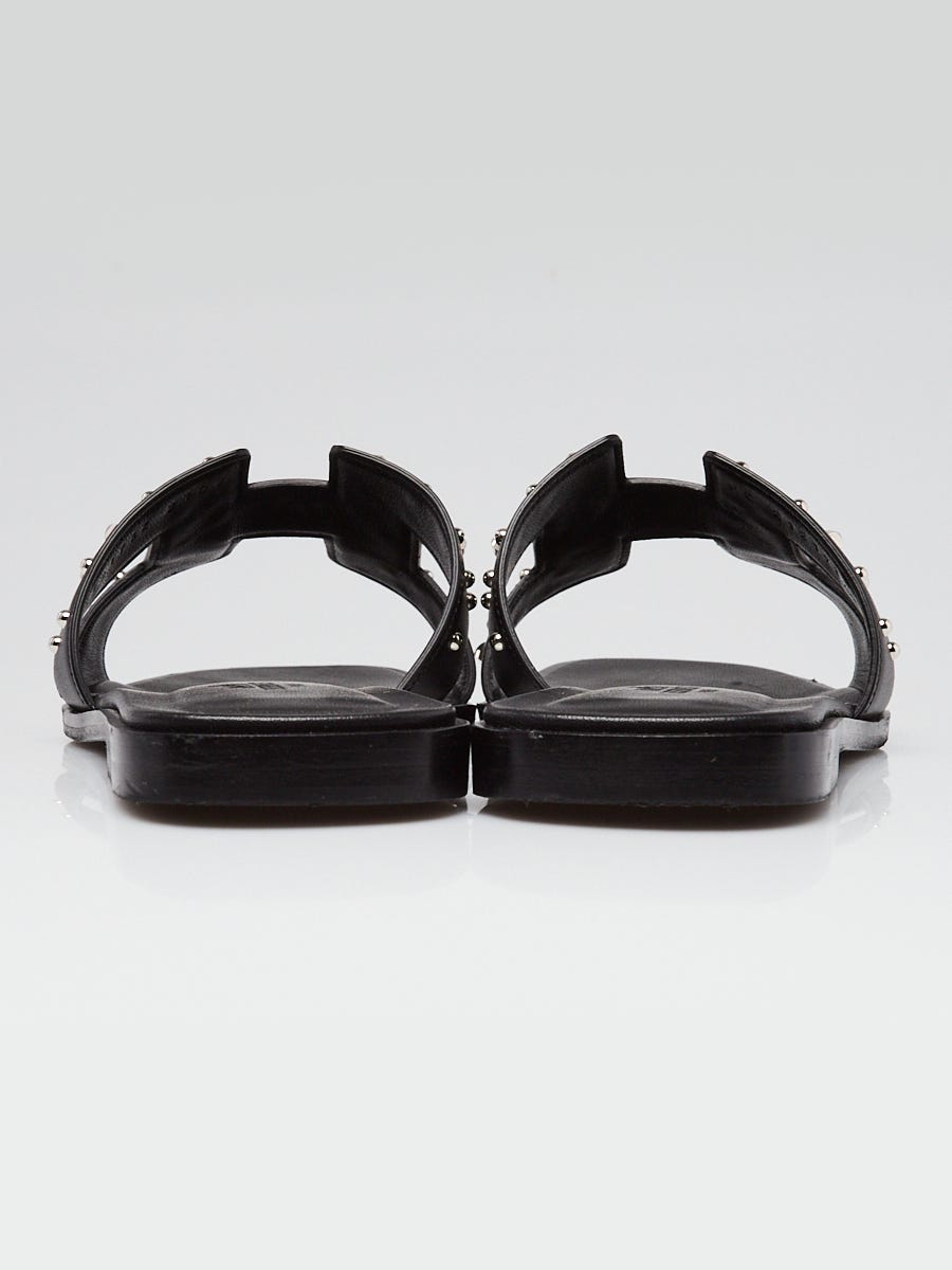 Hermes Black Studded Calfskin Leather Oran Sandals Size 8.5