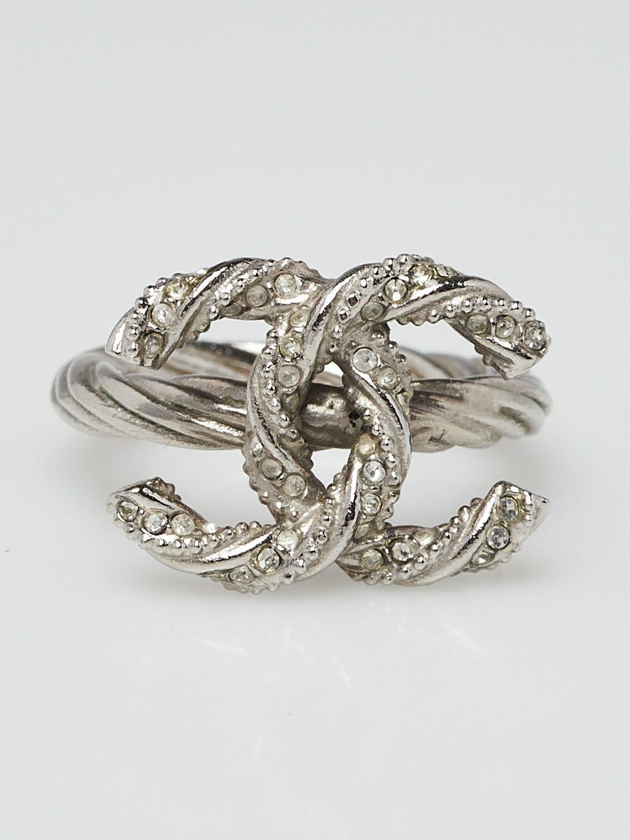 Silvertone Braided Metal and Crystal CC Ring Size 6