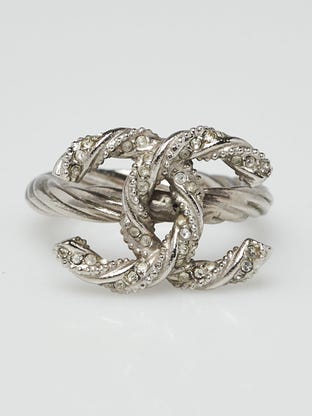 Silvertone Braided Metal and Crystal CC Ring Size 6