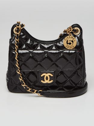 Black Quilted Glazed Leather Small Wavy Hobo Bag