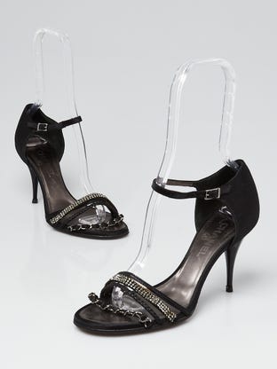 Black Satin Peep Toe Chain and Crystal Pumps Size 9/39.5