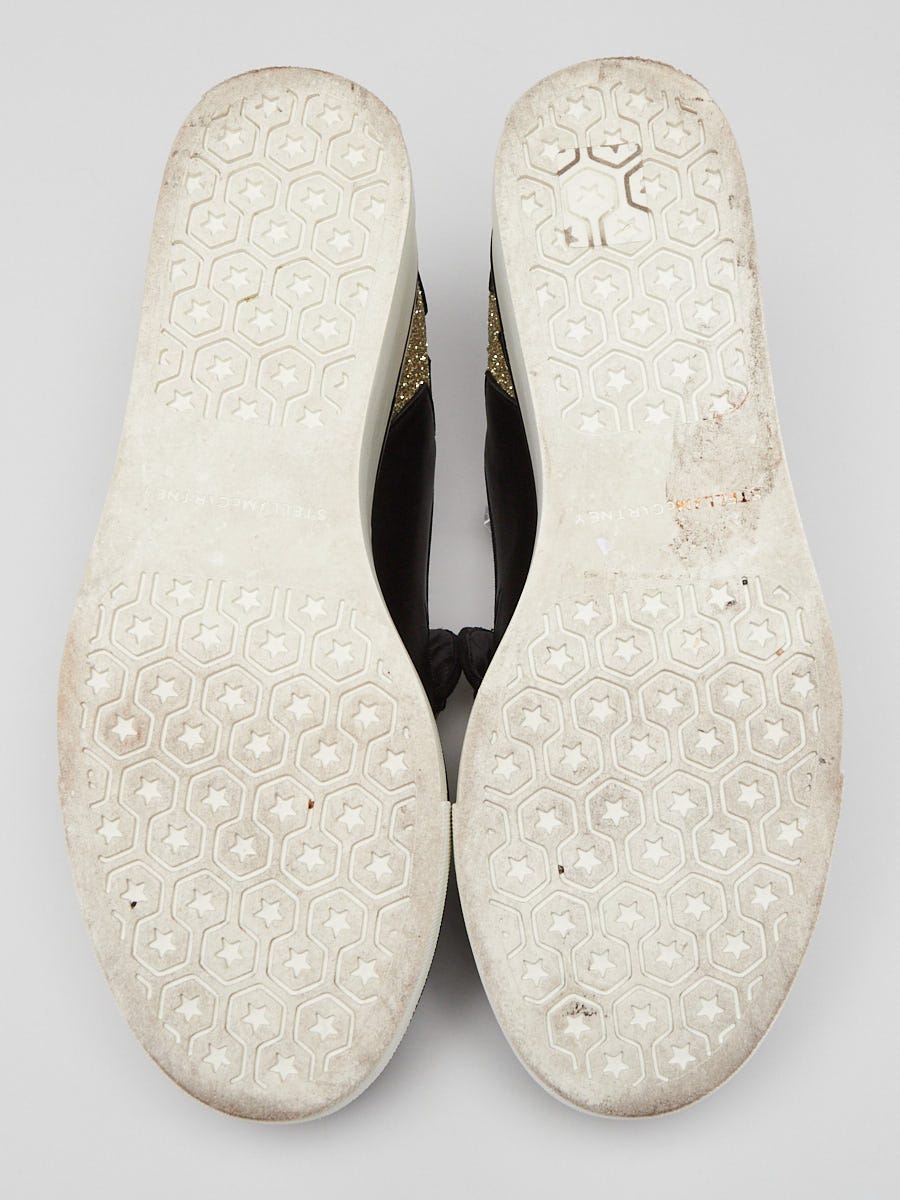 Stella McCartney Black Faux Leather Glitter Star Platform Sneakers Size 5.5/36