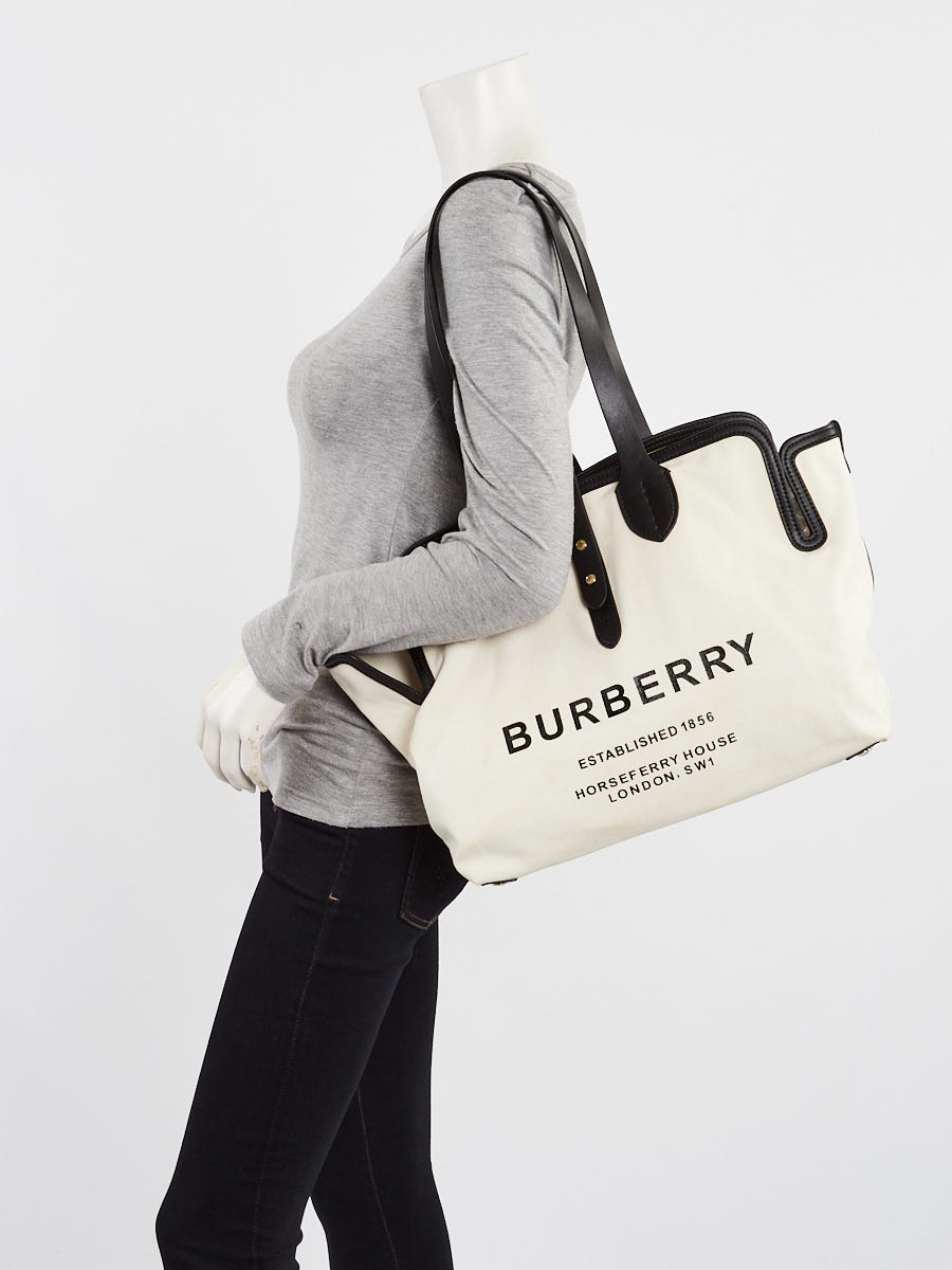 Burberry White/Black Canvas/Leather Top Handle Tote Bag