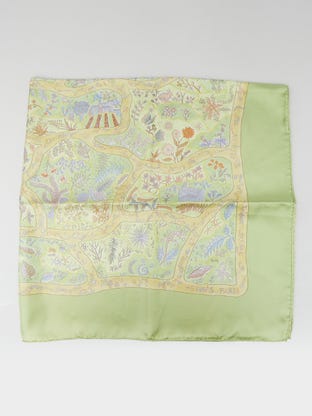 90cm Green Silk 'Chemins de Garrigue' Print Christine Henry Square Scarf
