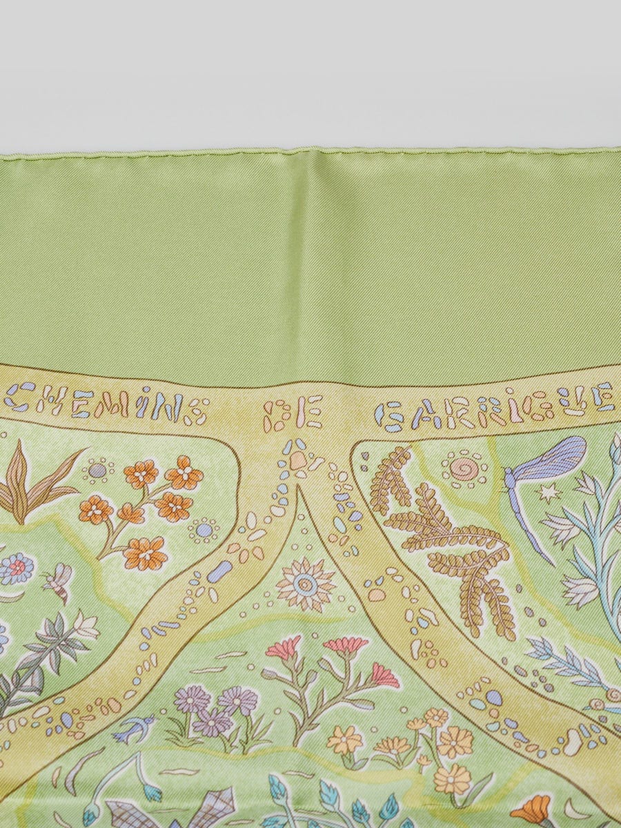 Hermes 90cm Green Silk 'Chemins de Garrigue' Print Christine Henry
