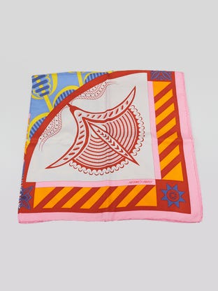 90cm Pink Multicolor Silk 'Geometrie Cretoise' Julie Abadie Square Scarf