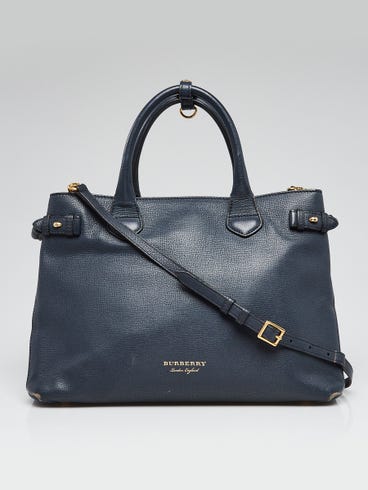 Burberry Blue Pebbled Leather House Check Medium Banner Tote Bag