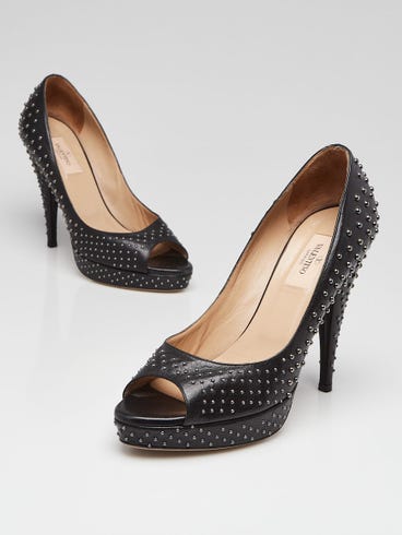 Valentino Black Leather Studded Peep Toe Pumps Size 8/38.5