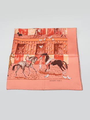 90cm Corail/Saumon/Sepia Silk 'Les Boxes' Print Jean-Louis Clerc Square Scarf