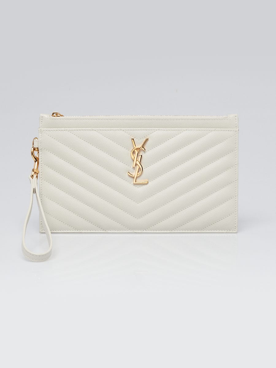 Yves Saint Laurent Light Grey Quilted Pebbled Leather Monogram Large Bill  Pouch Wristlet Bag - Yoogi's Closet