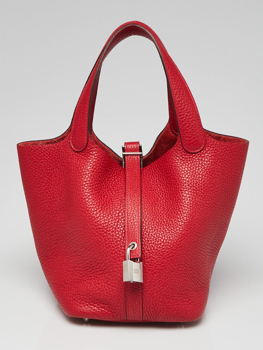 Hermes 18cm Rouge Vif Clemence Leather Palladium Plated Picotin Lock Bag