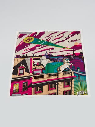 45cm Blanc/Vert/Violet Silk Minuit Au Faubourg Print Dimitri Rybaltchenko Square Scarf