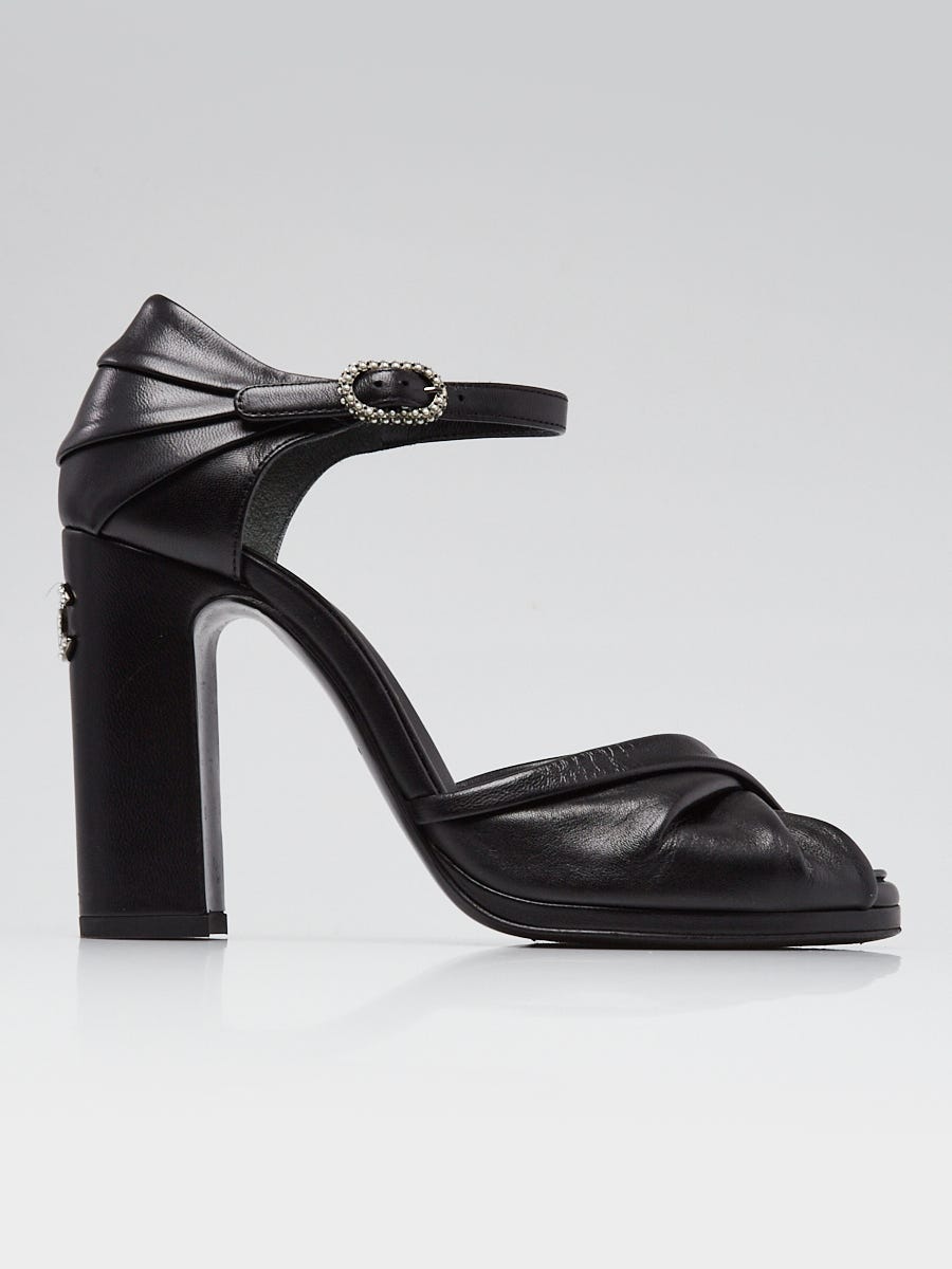 CHANEL ローヒール　36.5 Chanel Black Leather Ankle Strap Peep Toe Pumps Size 6/36.5